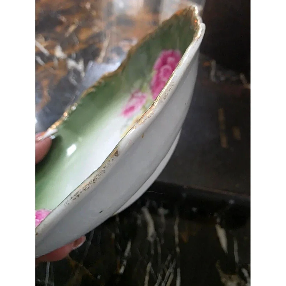 Shabby Chic Roses Pink Gold Gilt Ornate Scalloped Embossed Green Bowl Catch All